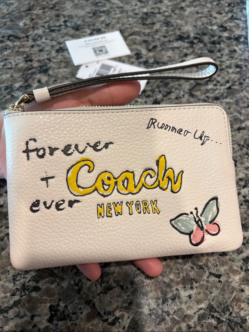 NWT Coach White Leather Wristlet with Yellow Logo and Butterfly Art - Picture 2 of 6
